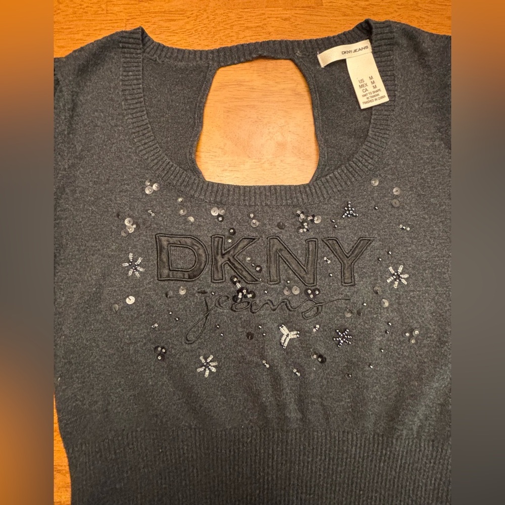 DKNY Keyhole Black Embellished Logo Sweater Women’s Medium Night Club